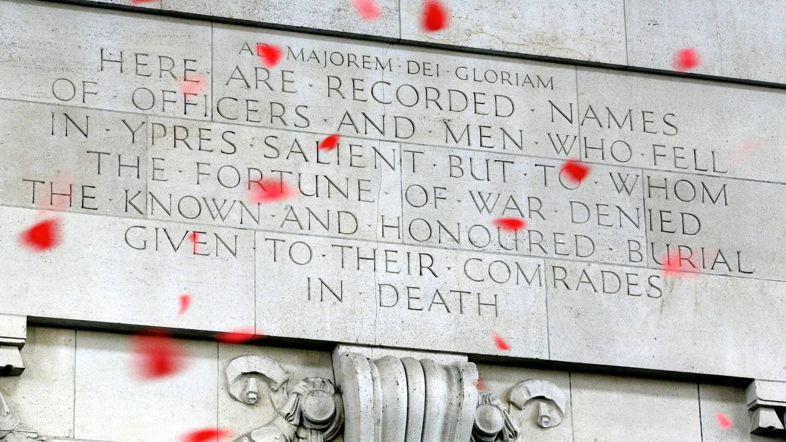 The inscribed panel of the Menin Gate memorial at Ypres, recording the officers and men who fell in the Ypres Salient and were never given a known grave.